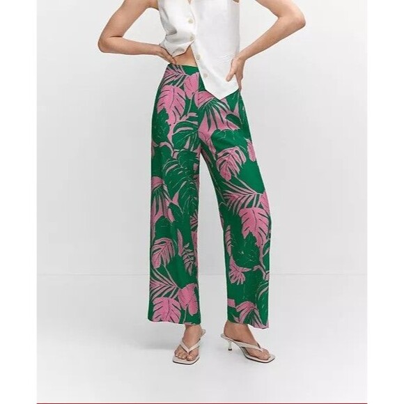 Mango High Rise Wide Leg Pants 8 Pink Green Tropical Resortwear Hawaiian Travel - Picture 1 of 12